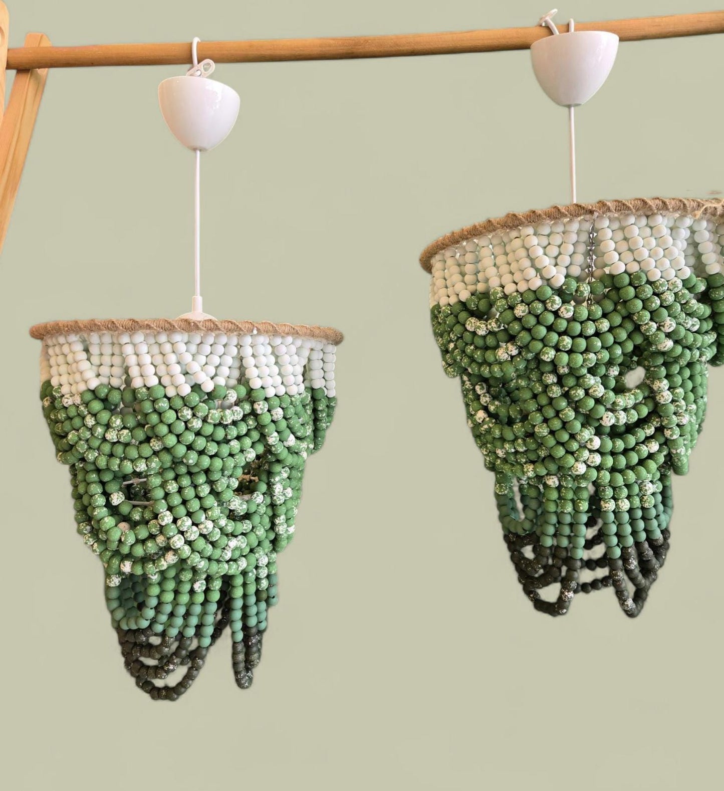 Green Ombre Beaded Chandelier, Hand-Painted Wooden Pendant Light, Modern Boho Lighting, Wooden Beaded Chandelier, Macrame Light Fixture,