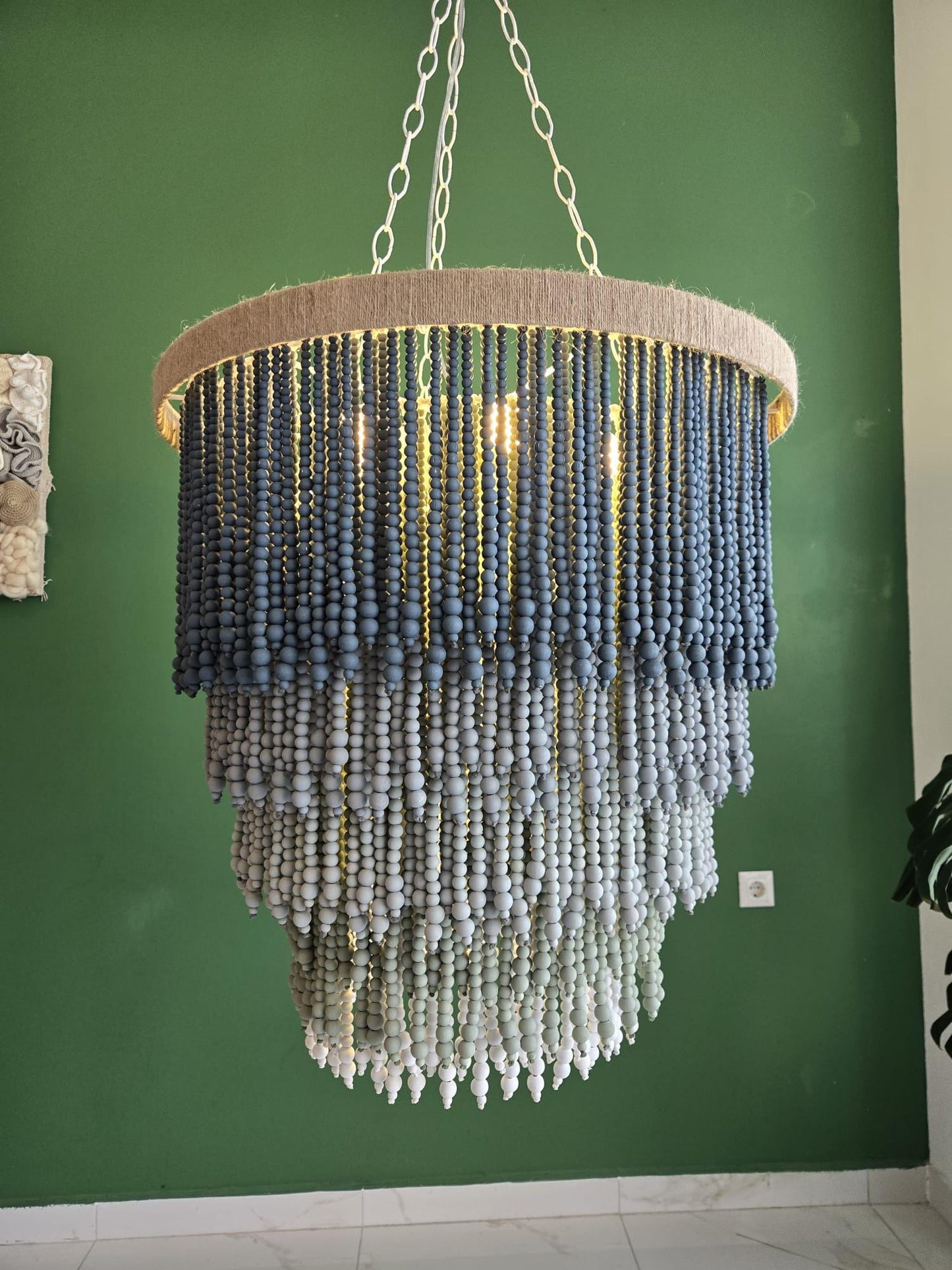 Blue Grey Ombre Beaded Chandelier – Handmade Boho Pendant Light for Nursery, Bedroom or Coastal Decor