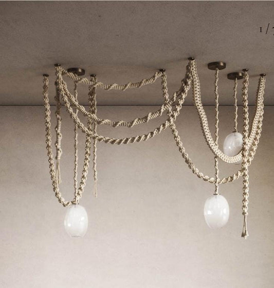 Macrame Chandelier with Glass Shades – 3 or 5 Pendant Light Options – Boho Cord Lamp – Handmade Ceiling Light Fixture,