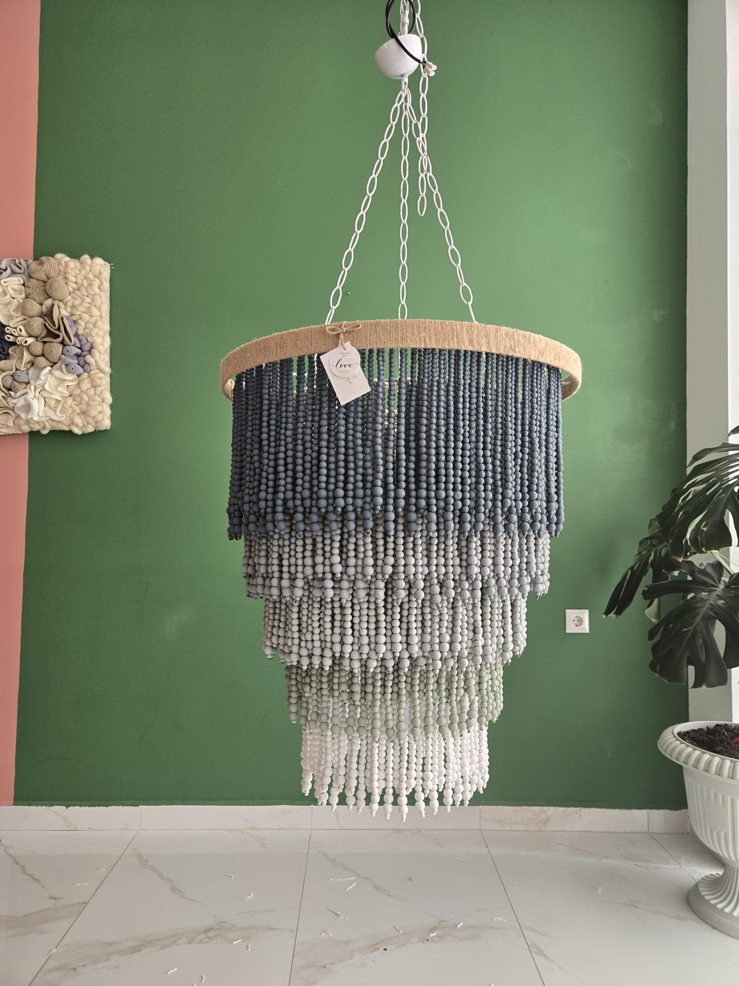 Blue Grey Ombre Beaded Chandelier – Handmade Boho Pendant Light for Nursery, Bedroom or Coastal Decor