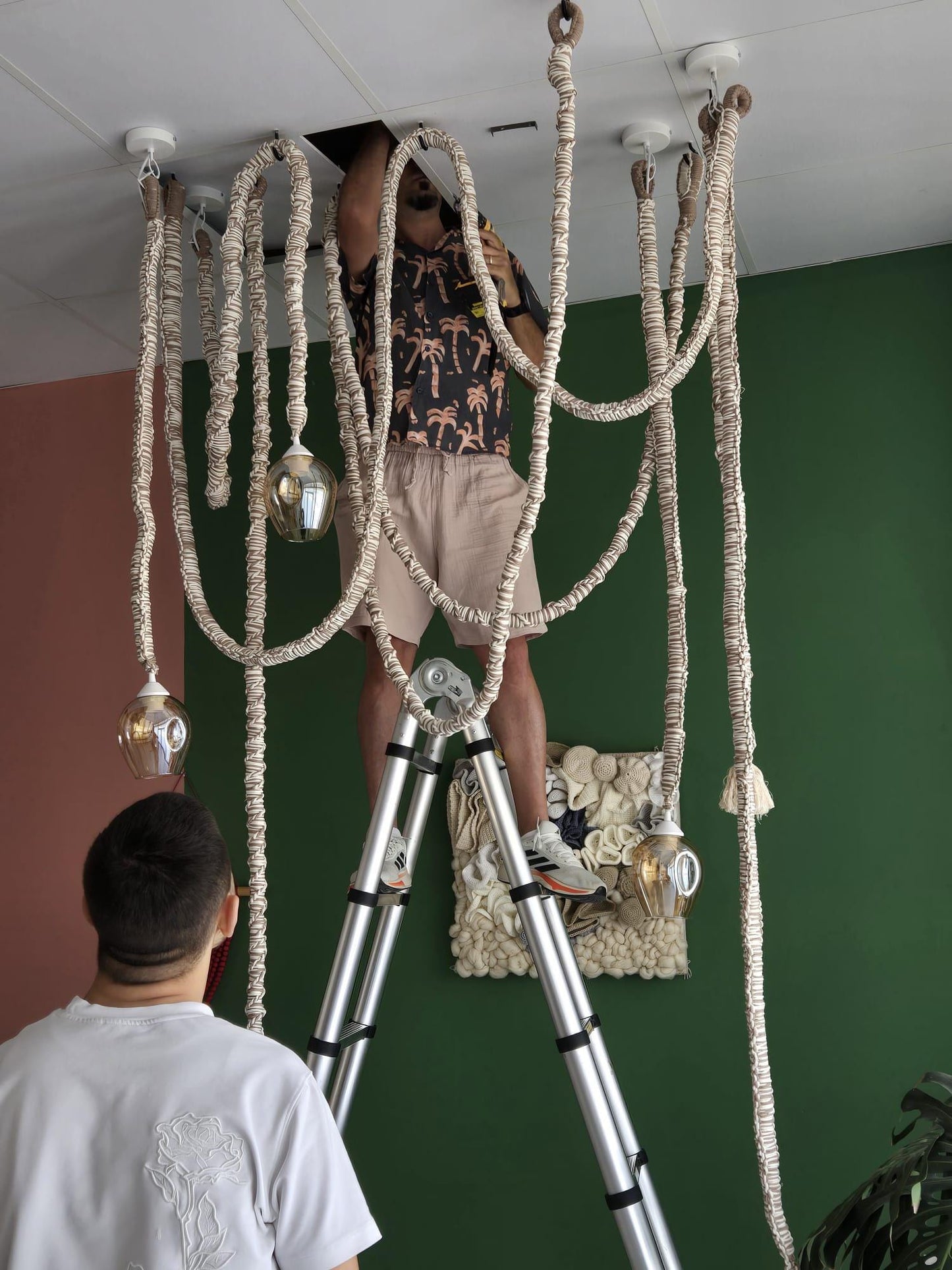 Macrame Chandelier with Glass Shades – 3 or 5 Pendant Light Options – Boho Cord Lamp – Handmade Ceiling Light Fixture,