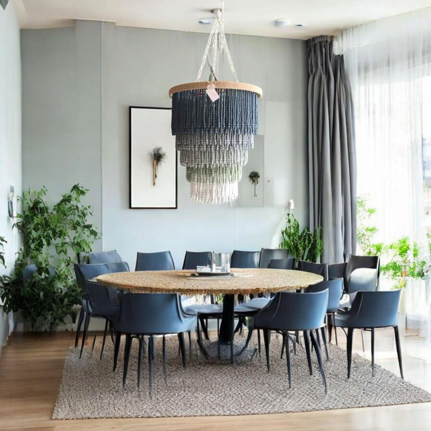 Blue Grey Ombre Beaded Chandelier – Handmade Boho Pendant Light for Nursery, Bedroom or Coastal Decor