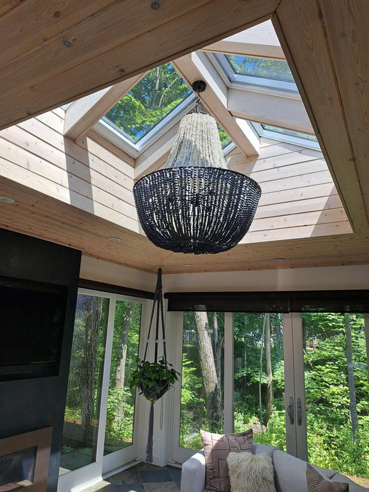 Black Beaded Chandelier, Large Boho Light Fixture, Dining Room Pendant Light, Rustic Farmhouse Lighting, Statement Ceiling Lamp,