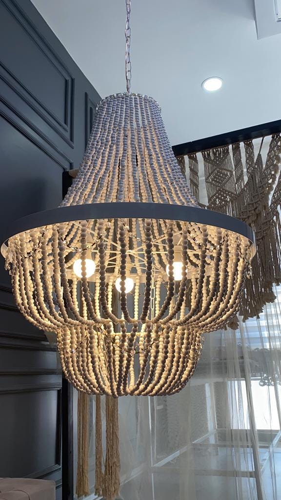 Beaded Chandelier, White Wood Bead Lİghting, Nordic Style Light, Rustic Chandelier, Nursery Lampshade, Unique Ceiling light, Wedding Decor
