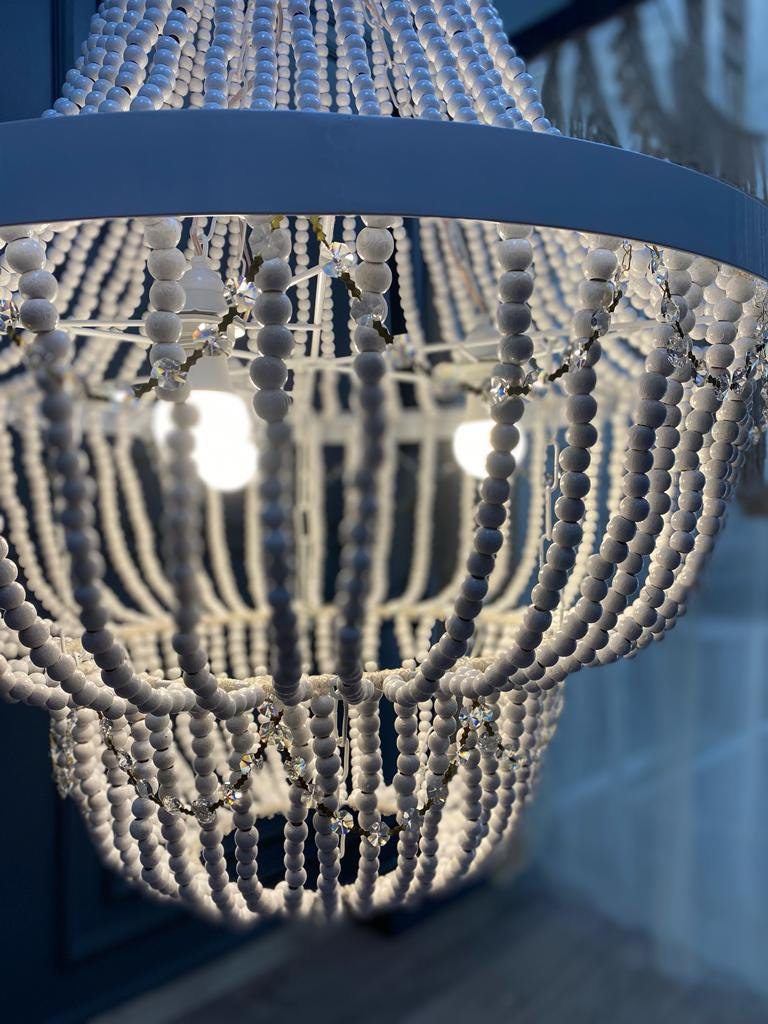 Beaded Chandelier, White Wood Bead Lİghting, Nordic Style Light, Rustic Chandelier, Nursery Lampshade, Unique Ceiling light, Wedding Decor