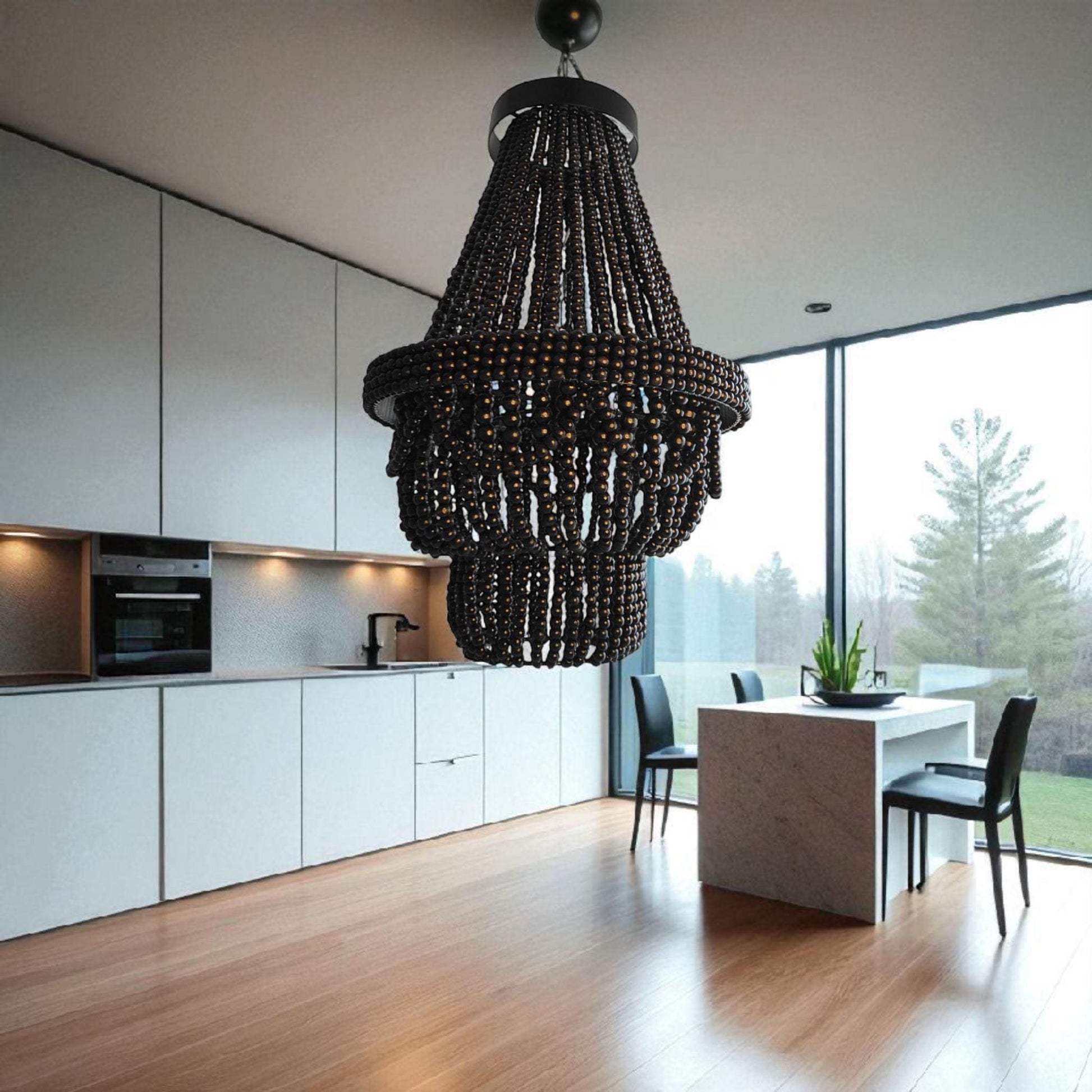 Black Wooden Beaded Chandelier, Beaded Pendant Lamp, Wooden Beaded Lİght ,Living Room Chandelier, Nursery Lampshade, Macrame Pendant Light,
