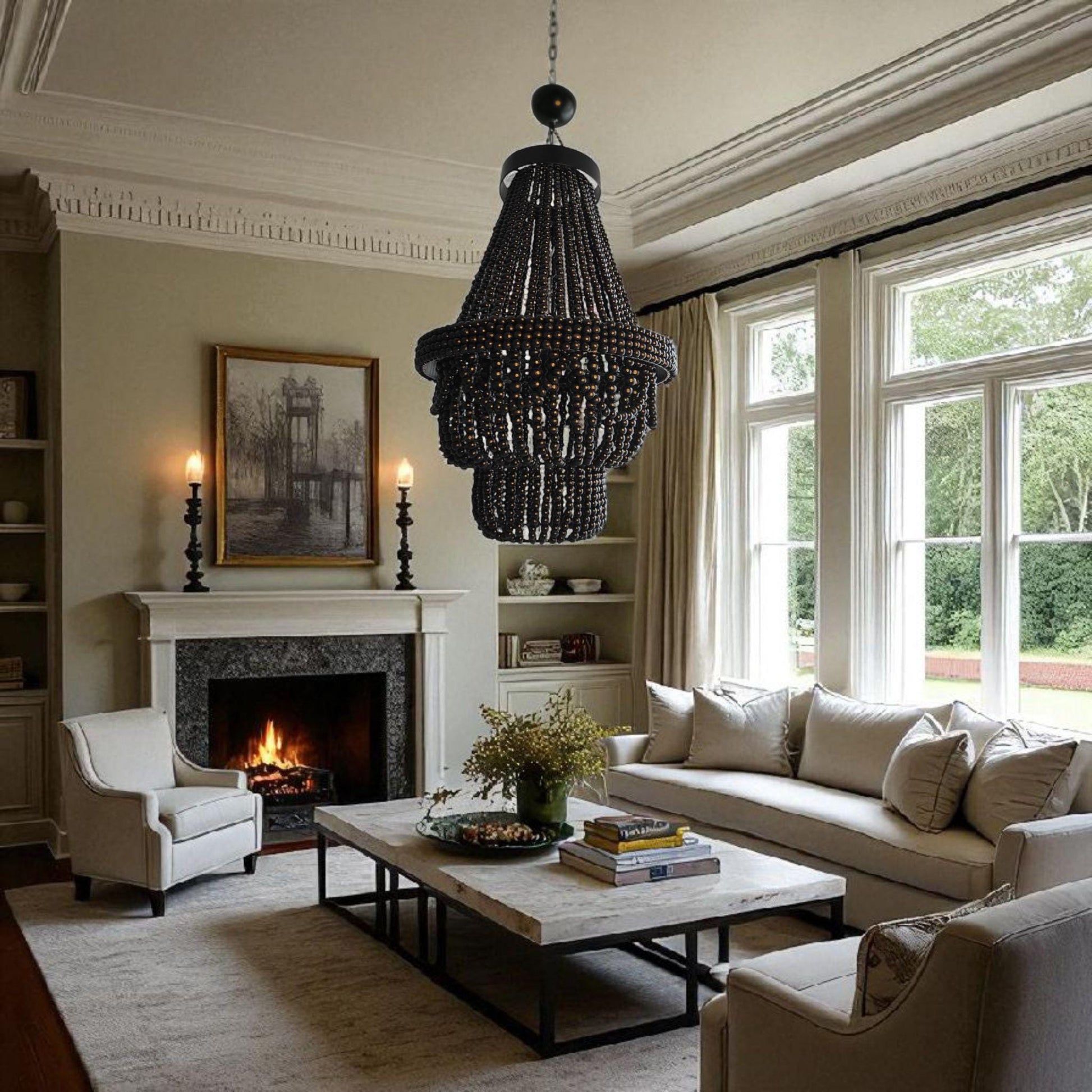 Black Wooden Beaded Chandelier, Beaded Pendant Lamp, Wooden Beaded Lİght ,Living Room Chandelier, Nursery Lampshade, Macrame Pendant Light,