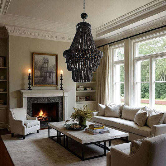 Black Wooden Beaded Chandelier, Beaded Pendant Lamp, Wooden Beaded Lİght ,Living Room Chandelier, Nursery Lampshade, Macrame Pendant Light,