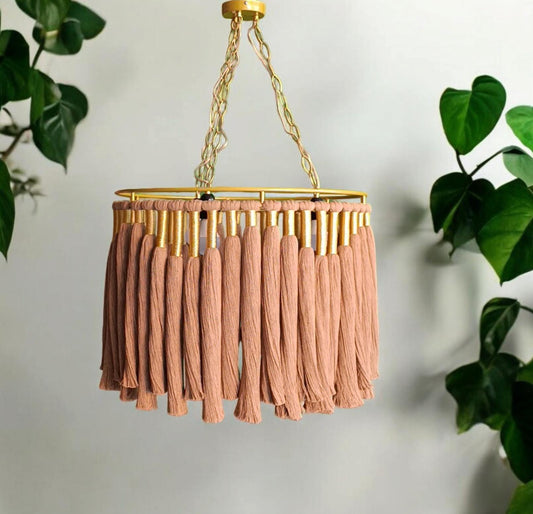Large boho cotton fringe chandelier with gold accents, handmade macrame tassel pendant light for nursery, living room or bohemian home décor.”
“Handmade cotton tassel chandelier in natural boho style, eco-friendly nursery pendant light with gold details.”