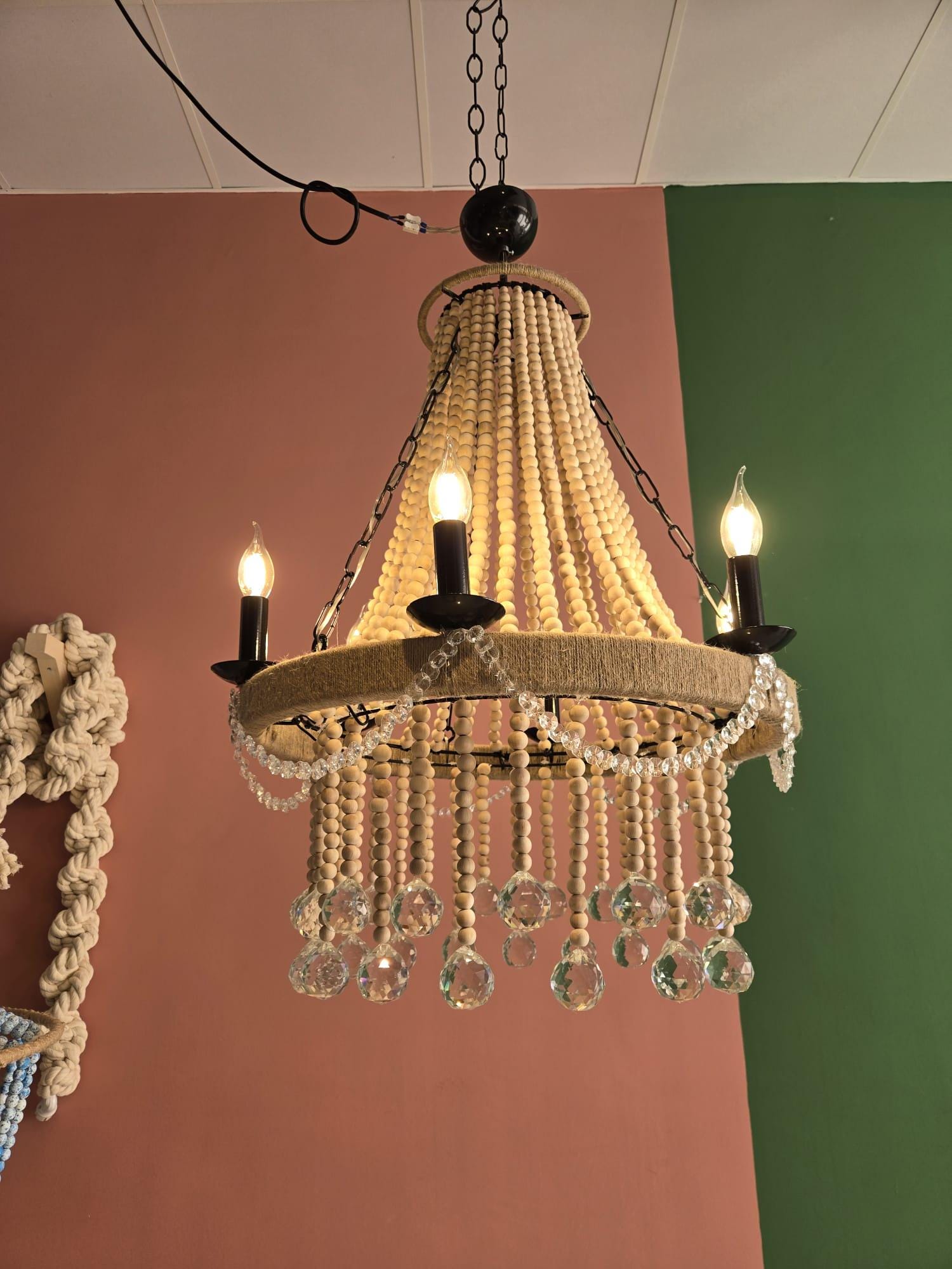 Crystals Beaded Chandelier, Rustic Farmhouse Pendant Light, Wood Bead Ceiling Lamp with Crystals, Dining Room Lighting