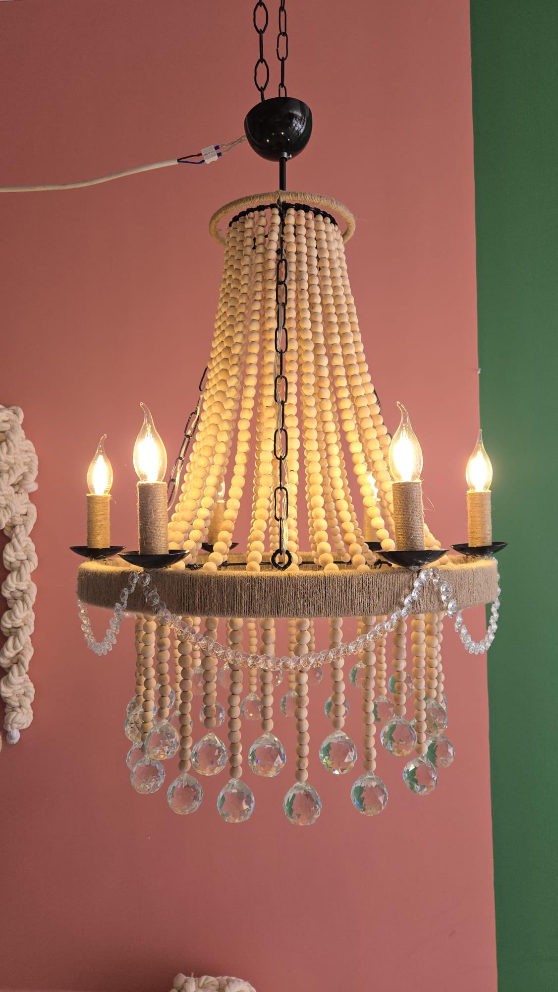 Crystals Beaded Chandelier, Rustic Farmhouse Pendant Light, Wood Bead Ceiling Lamp with Crystals, Dining Room Lighting