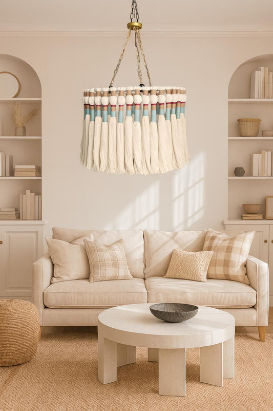 Tassel Chandelier, Macrame Pendant Light, Cotton Fringe Chandelier, Rustic Lampshade, Modern Boho Light, Living Room Light, Christmas gift,