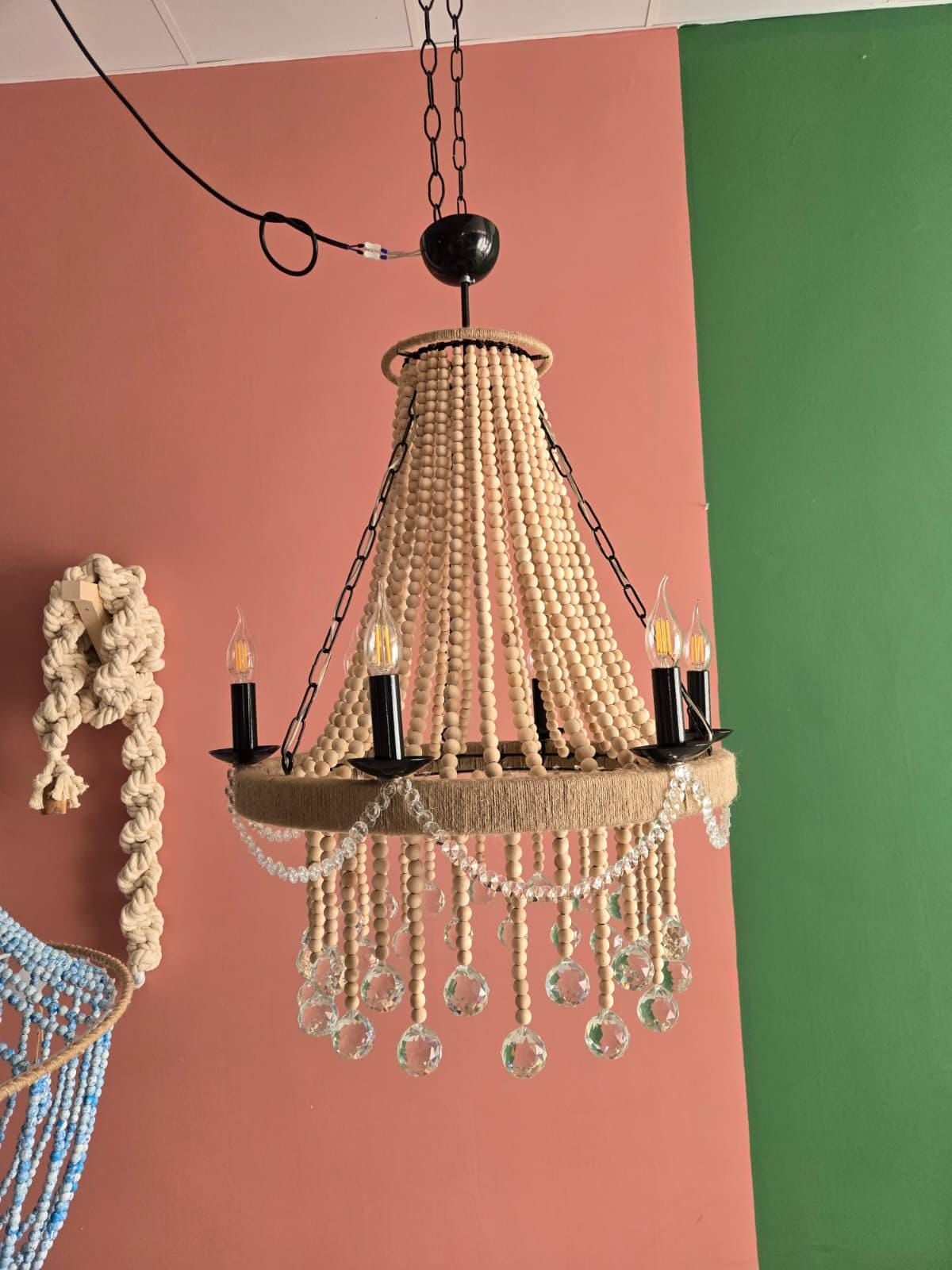 Crystals Beaded Chandelier, Rustic Farmhouse Pendant Light, Wood Bead Ceiling Lamp with Crystals, Dining Room Lighting