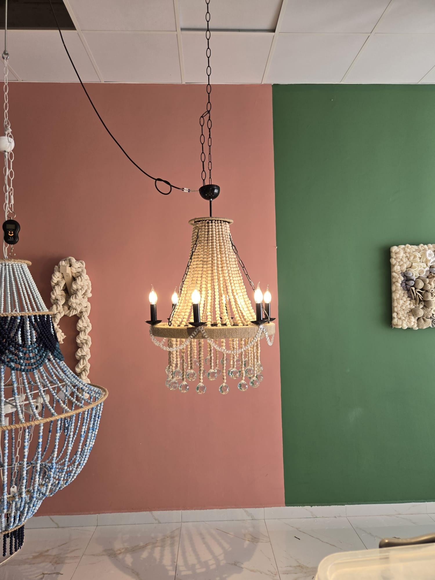 Crystals Beaded Chandelier, Rustic Farmhouse Pendant Light, Wood Bead Ceiling Lamp with Crystals, Dining Room Lighting