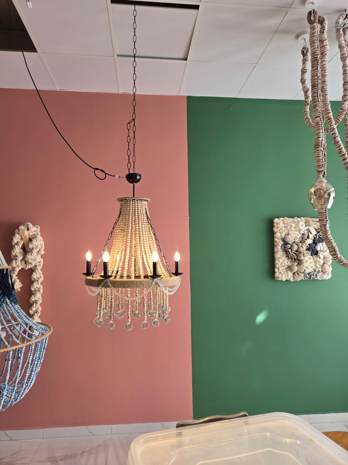 Crystals Beaded Chandelier, Rustic Farmhouse Pendant Light, Wood Bead Ceiling Lamp with Crystals, Dining Room Lighting