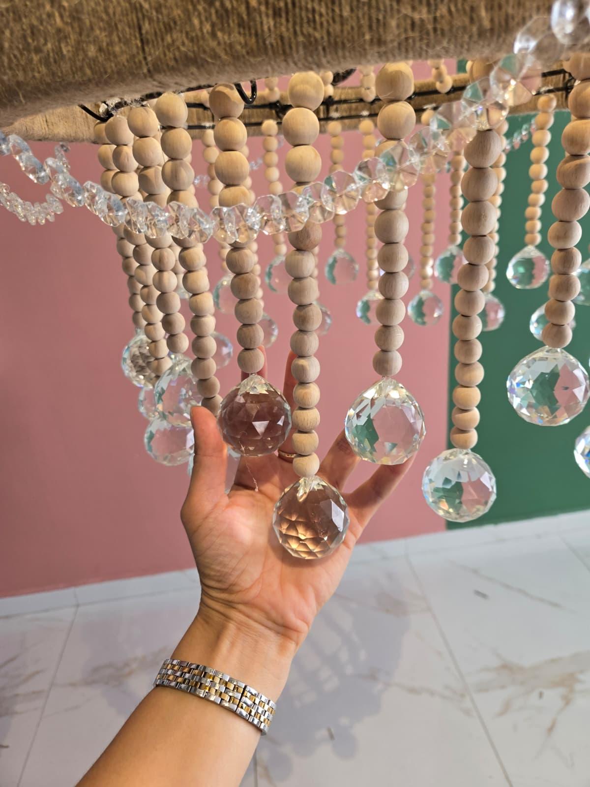 Crystals Beaded Chandelier, Rustic Farmhouse Pendant Light, Wood Bead Ceiling Lamp with Crystals, Dining Room Lighting