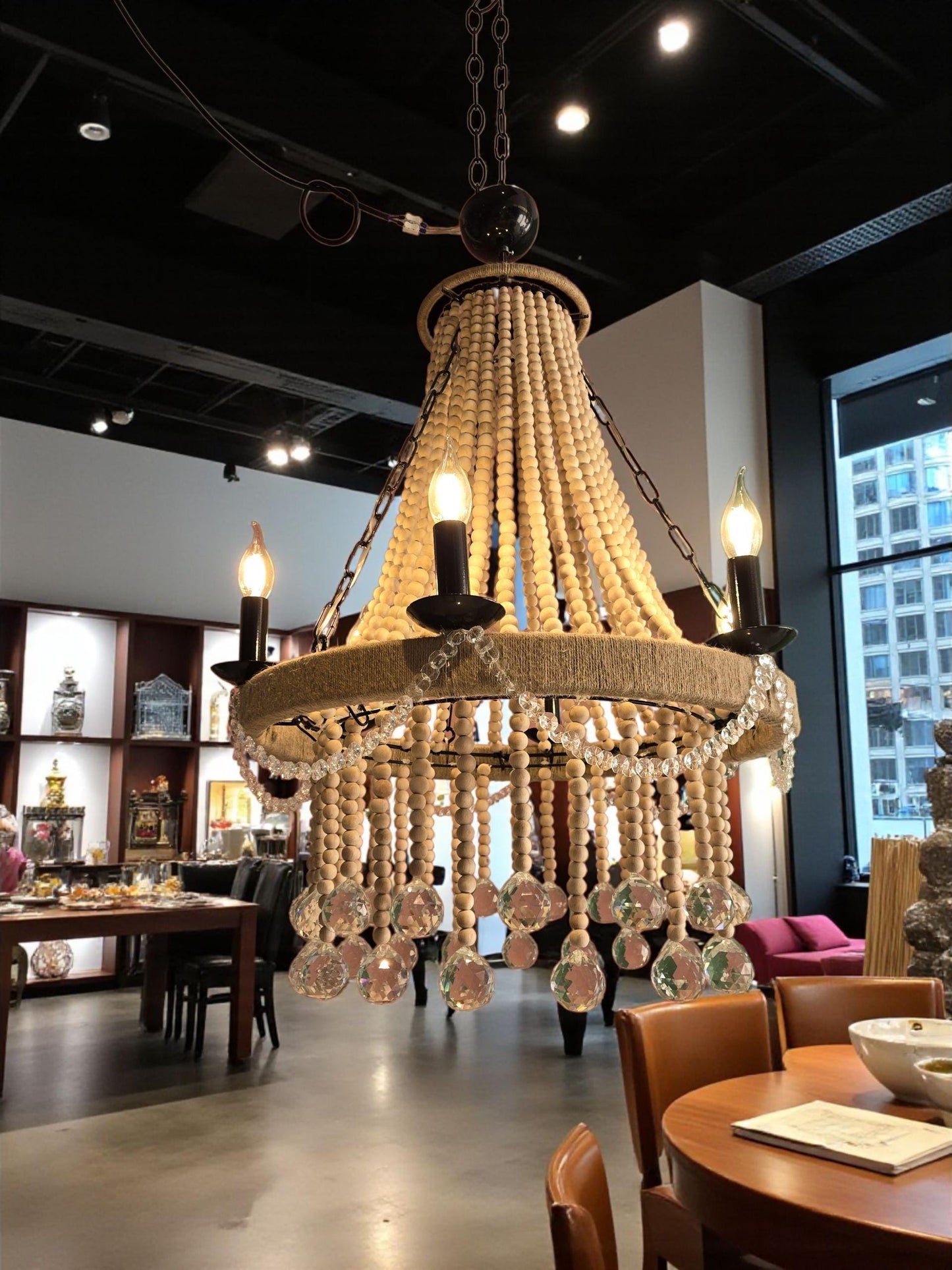 Crystals Beaded Chandelier, Rustic Farmhouse Pendant Light, Wood Bead Ceiling Lamp with Crystals, Dining Room Lighting