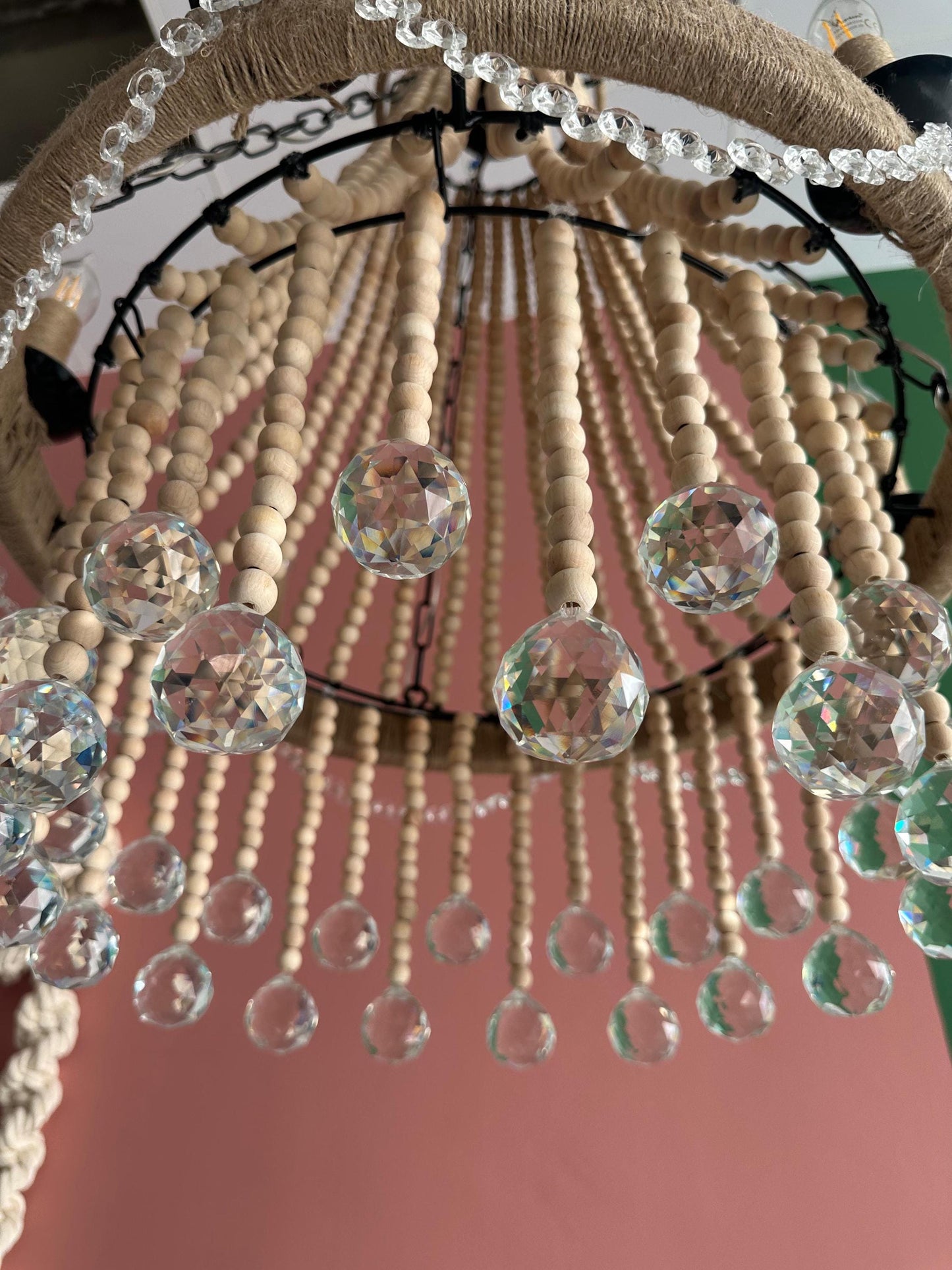 Crystals Beaded Chandelier, Rustic Farmhouse Pendant Light, Wood Bead Ceiling Lamp with Crystals, Dining Room Lighting