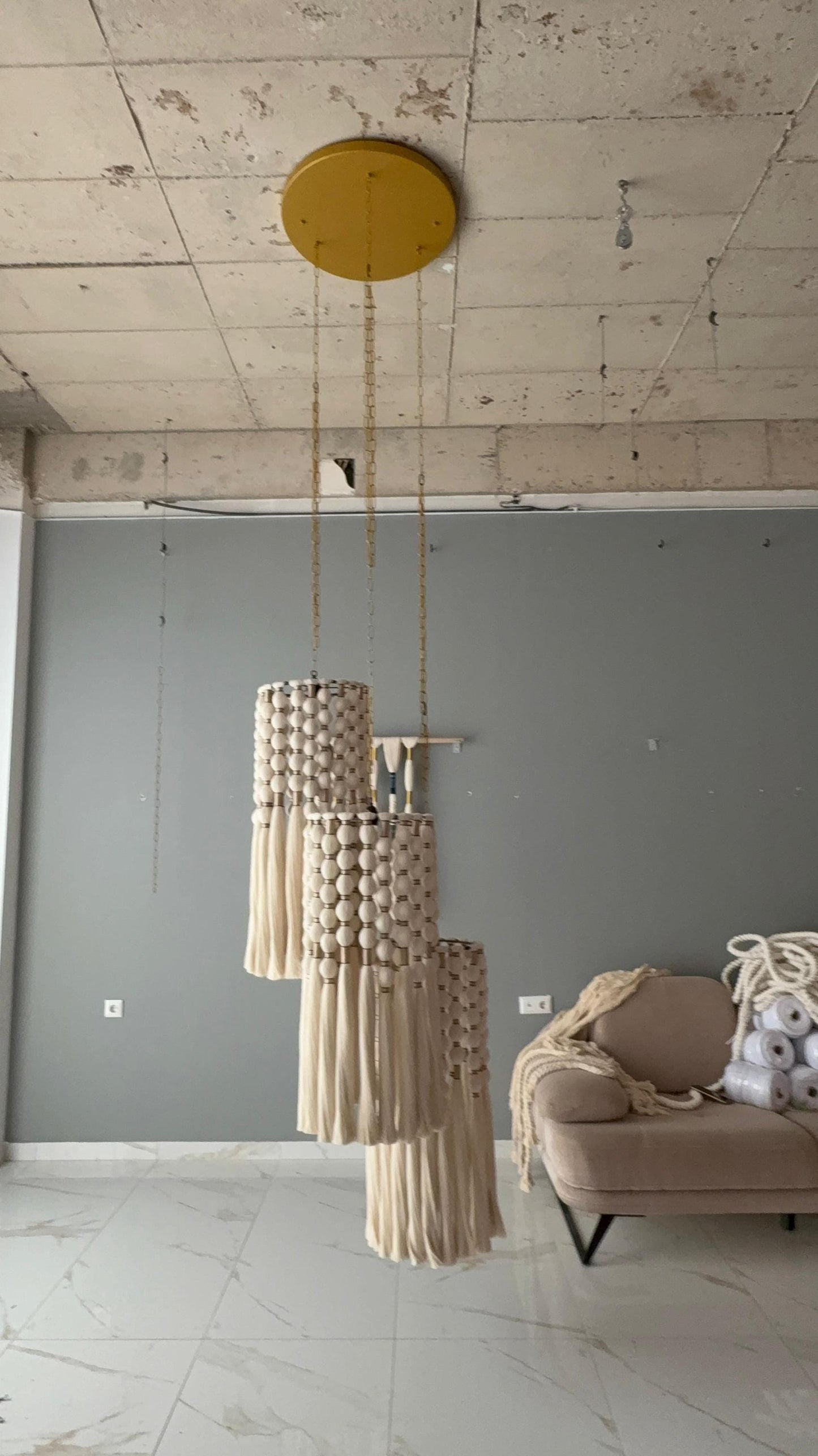 cord knitted with cotton yarn, single-connected 3-lamp pendant lamp, brass plate, beaded cord.