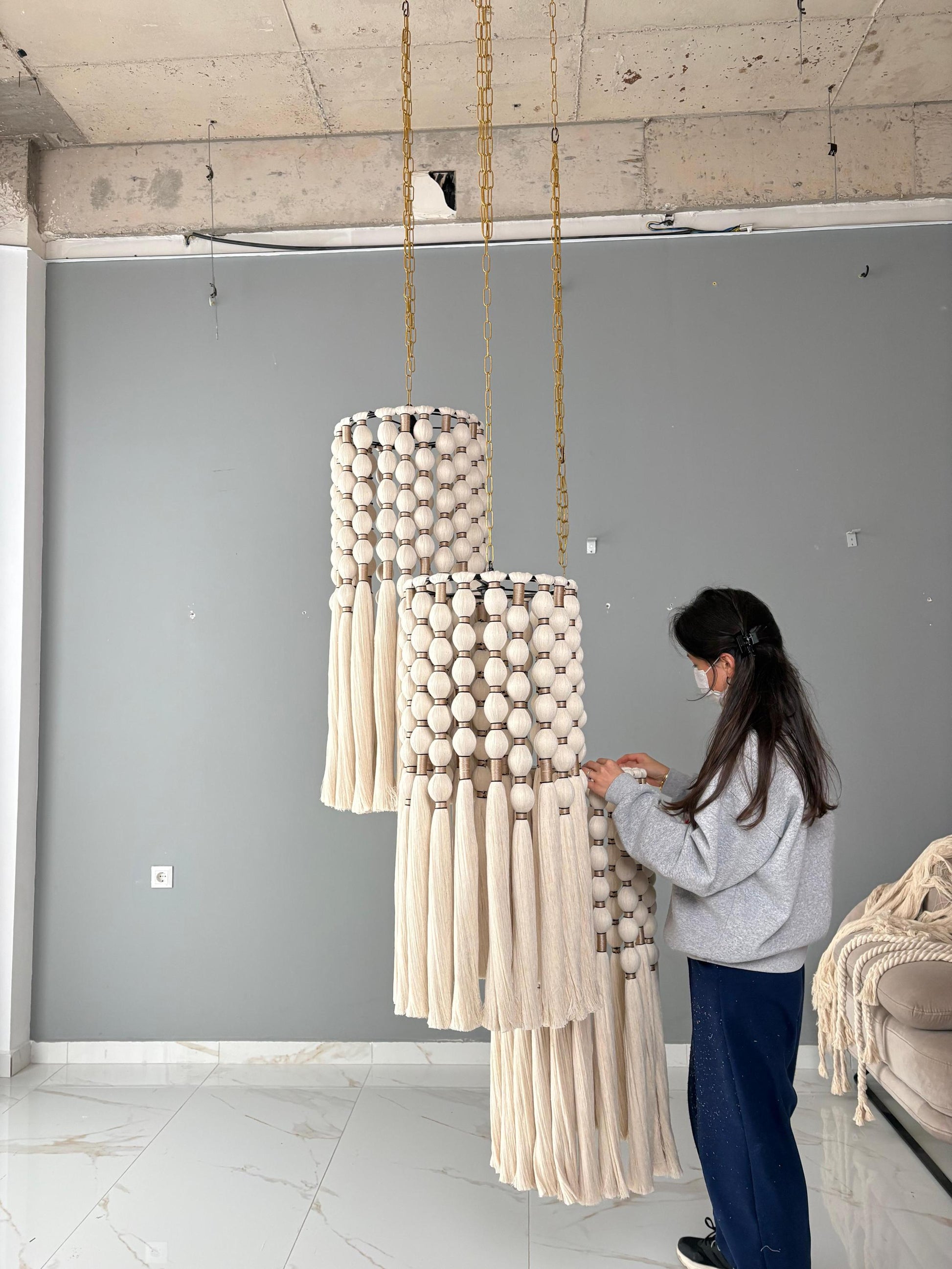 cord knitted with cotton yarn, single-connected 3-lamp pendant lamp, brass plate, beaded cord.