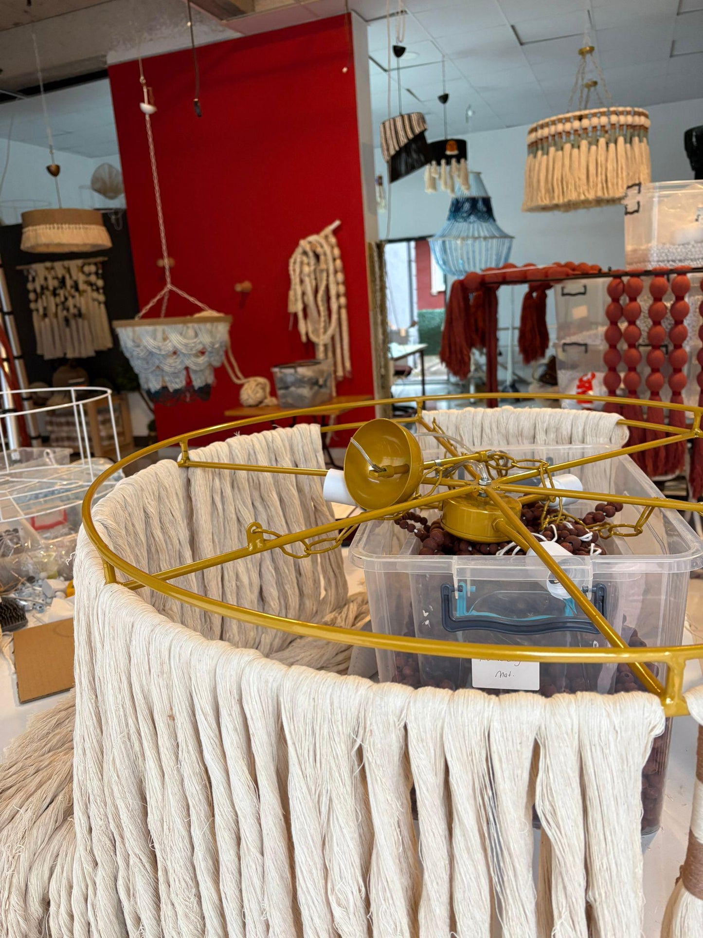 cord knitted with cotton yarn, single-connected 3-lamp pendant lamp, brass plate, beaded cord.