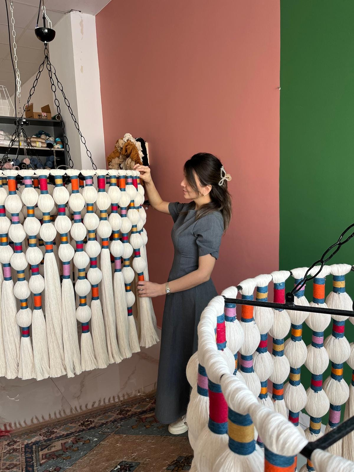 Large Boho Chandelier, Handwoven Cotton Tassel Light, Custom Gobelin Pendant for Hotel Lobby or Statenebt Light, Boho Fringe Pendant Light,