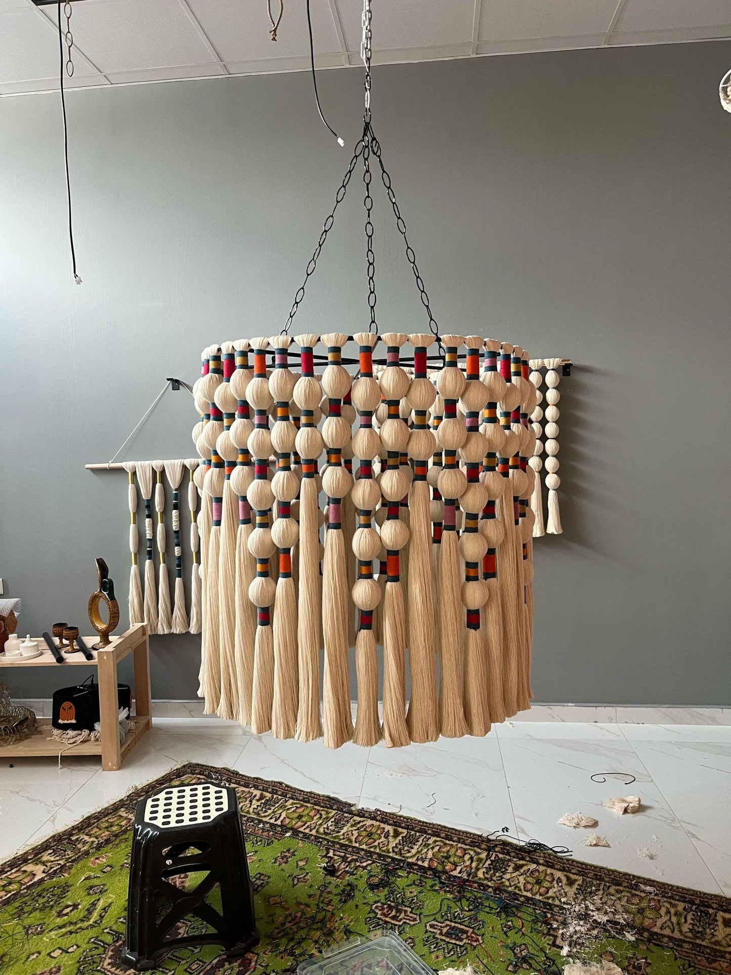 Large Boho Chandelier, Handwoven Cotton Tassel Light, Custom Gobelin Pendant for Hotel Lobby or Statenebt Light, Boho Fringe Pendant Light,