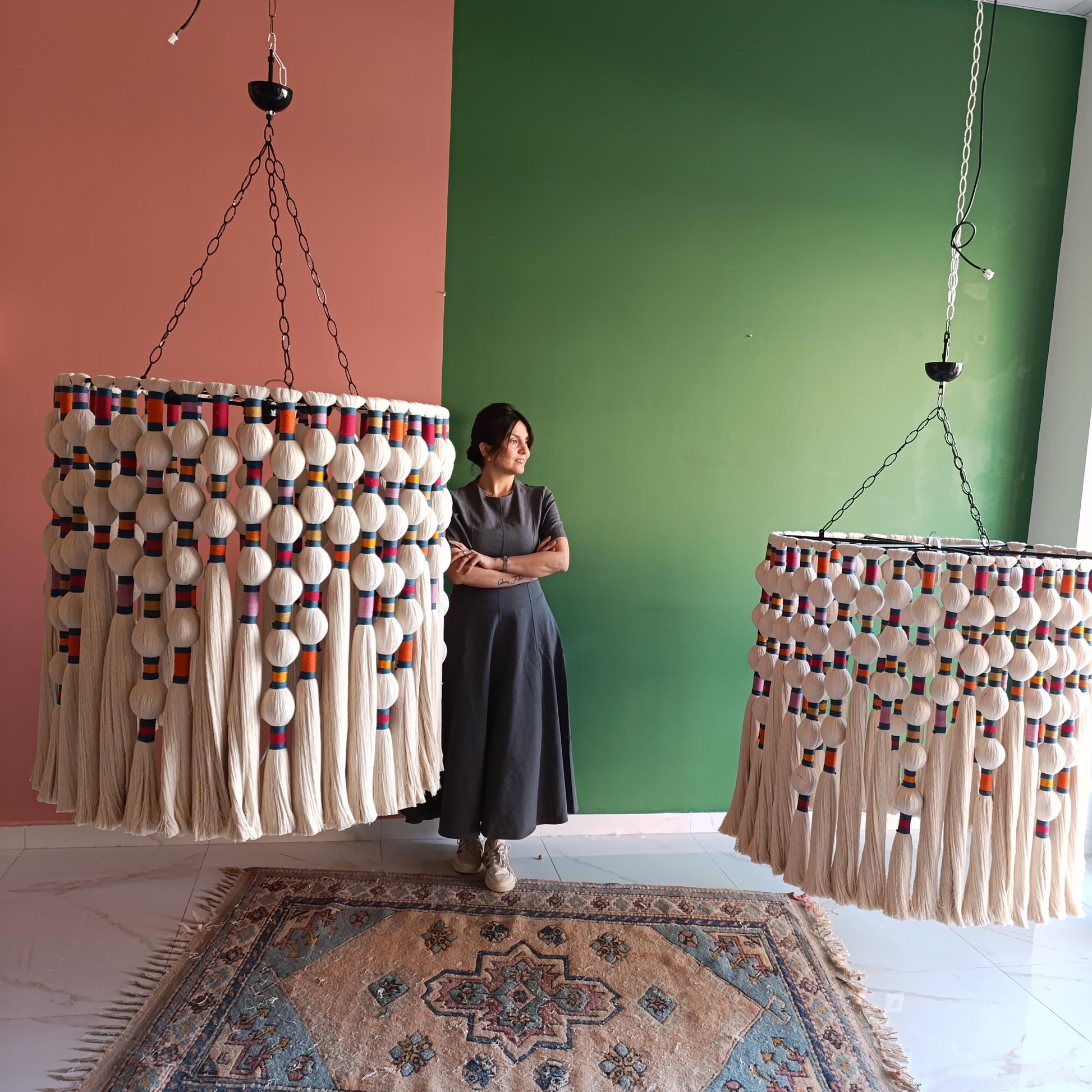 Large Boho Chandelier, Handwoven Cotton Tassel Light, Custom Gobelin Pendant for Hotel Lobby or Statenebt Light, Boho Fringe Pendant Light,