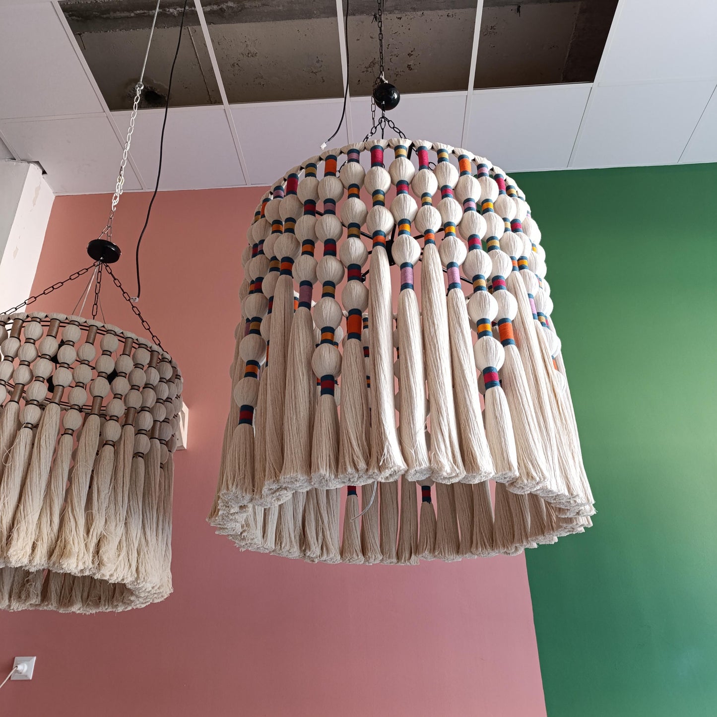 Large Boho Chandelier, Handwoven Cotton Tassel Light, Custom Gobelin Pendant for Hotel Lobby or Statenebt Light, Boho Fringe Pendant Light,