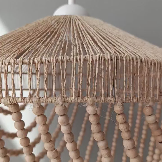 Rustic Farmhouse Hanging Lamp - Boho Beaded Chandelier -  Jute Raffia Pendant Light - Coastral Decor