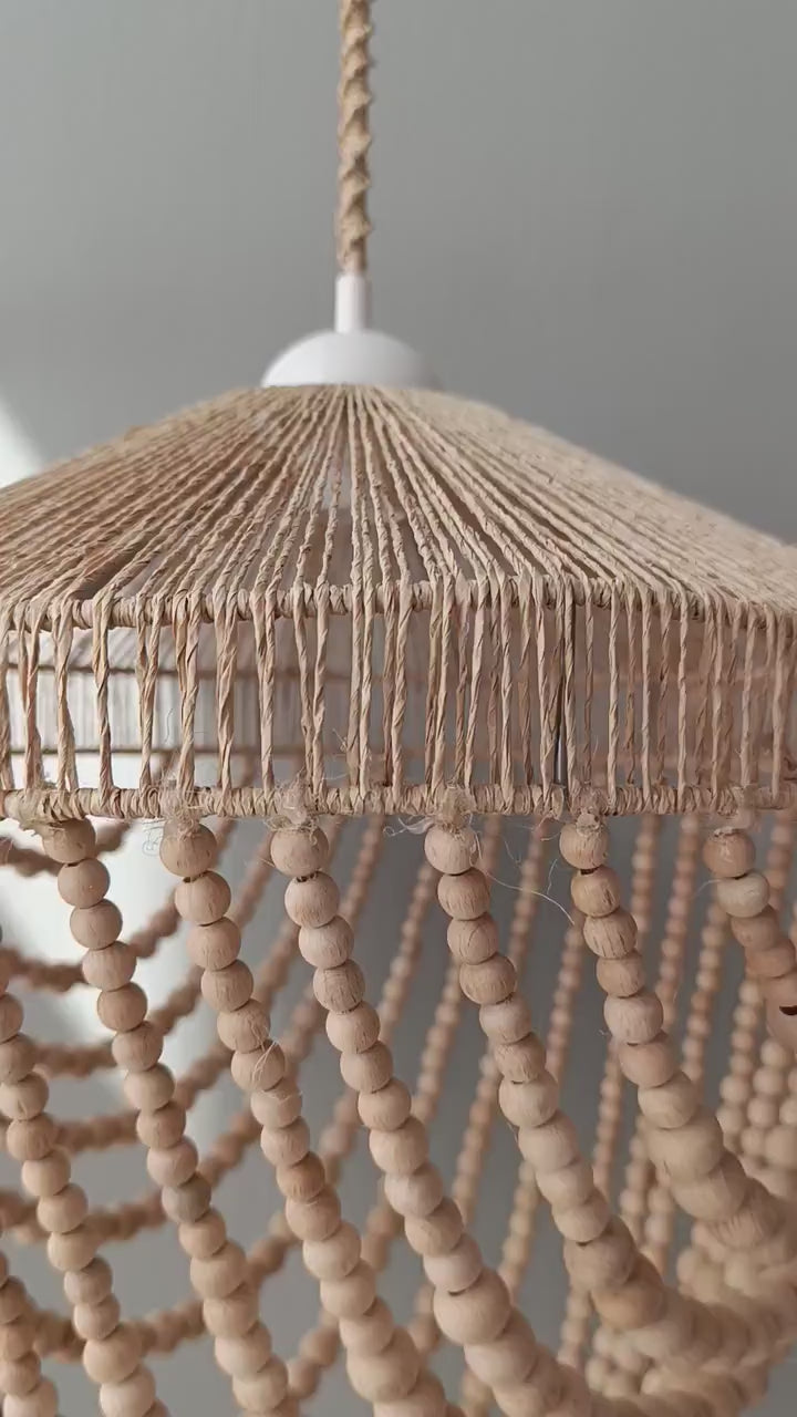 Rustic Farmhouse Hanging Lamp - Boho Beaded Chandelier -  Jute Raffia Pendant Light - Coastral Decor