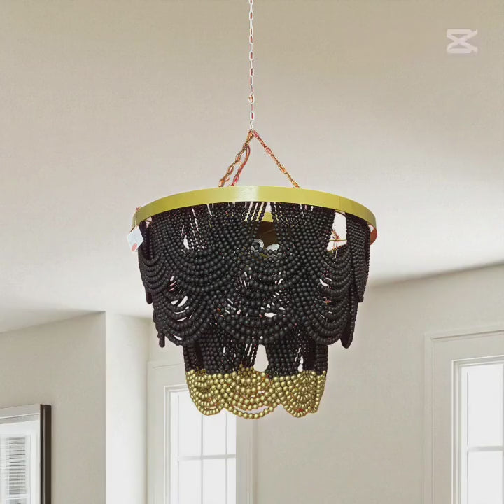 Black & Gold Beaded Chandelier, Boho Farmhouse Pendant Light, Large Bead Lamp for Living Room,