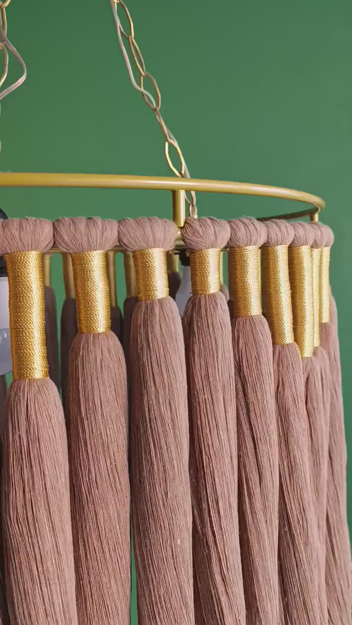 Boho Cotton Fringe Chandelier - Macrame Pendant Light, Nursery & Living Room Ceiling Lamp, Gold Accents