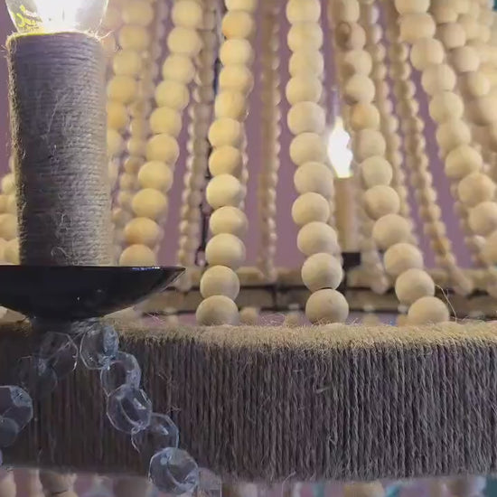 Cystals Beaded Chandelier, Rustic Farmhouse Pendant Light, Wood Bead Ceiling Lamp, Dining Room Lighting