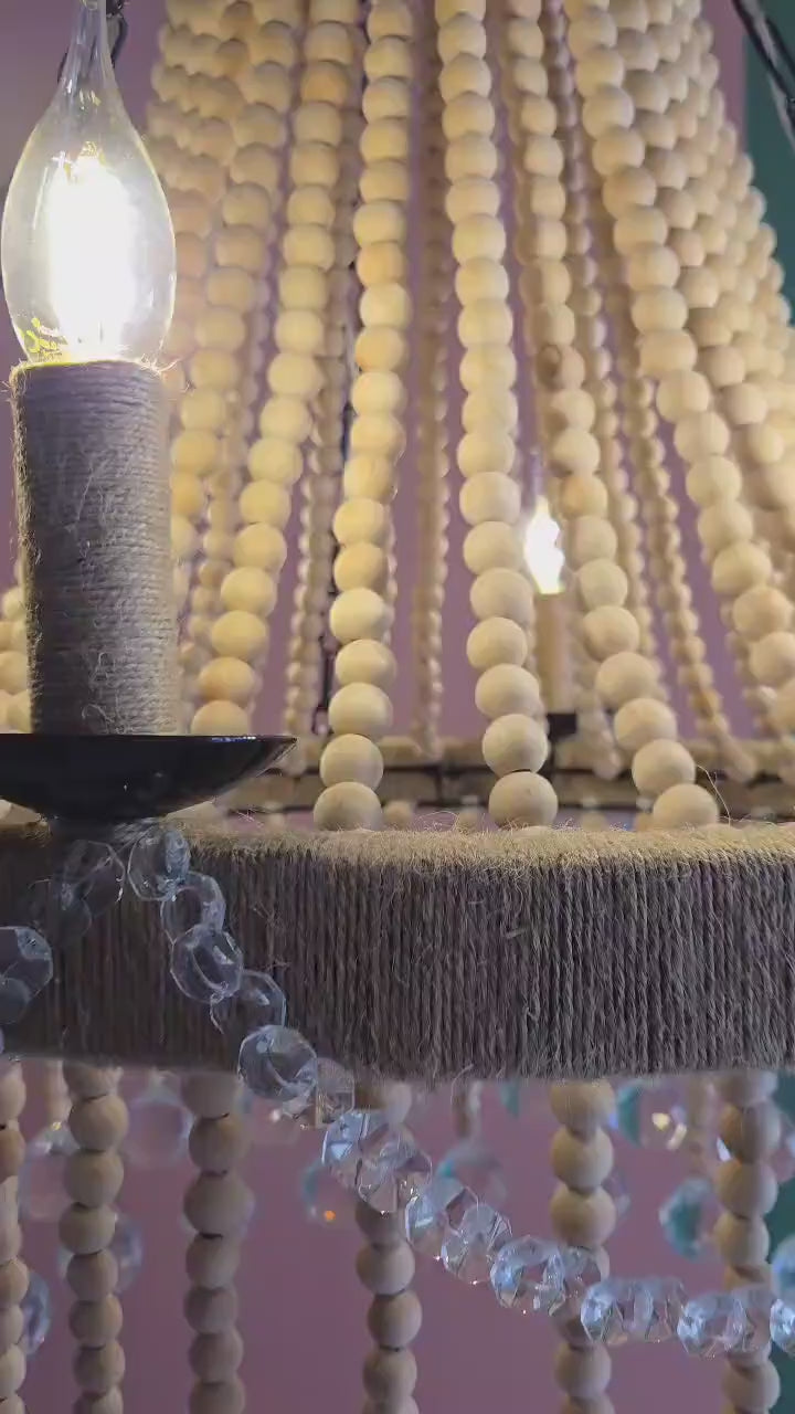 Cystals Beaded Chandelier, Rustic Farmhouse Pendant Light, Wood Bead Ceiling Lamp, Dining Room Lighting