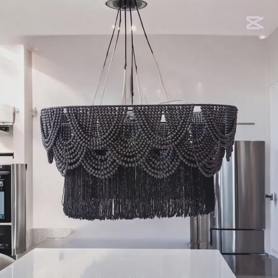 Black Beaded Oval Chandelier with Tassels, Boho Farmhouse Pendant Light for Dining & Living Rooms