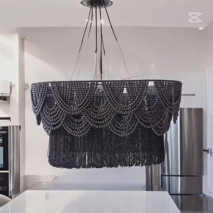 Black Beaded Oval Chandelier with Tassels, Boho Farmhouse Pendant Light for Dining & Living Rooms