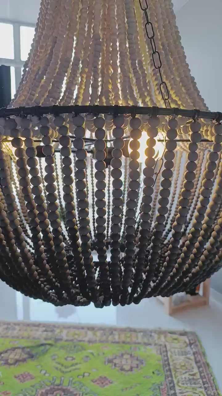 Black Beaded Chandelier, Large Boho Pendant Light, Farmhouse Bead Lighting for Dining Room