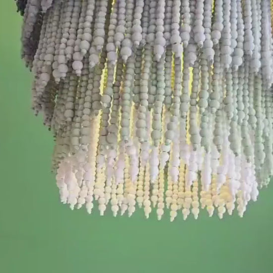 Grey Ombre Beaded Chandelier, Coastal Boho Pendant Light, Wooden Bead Lamp, Dining Room Light