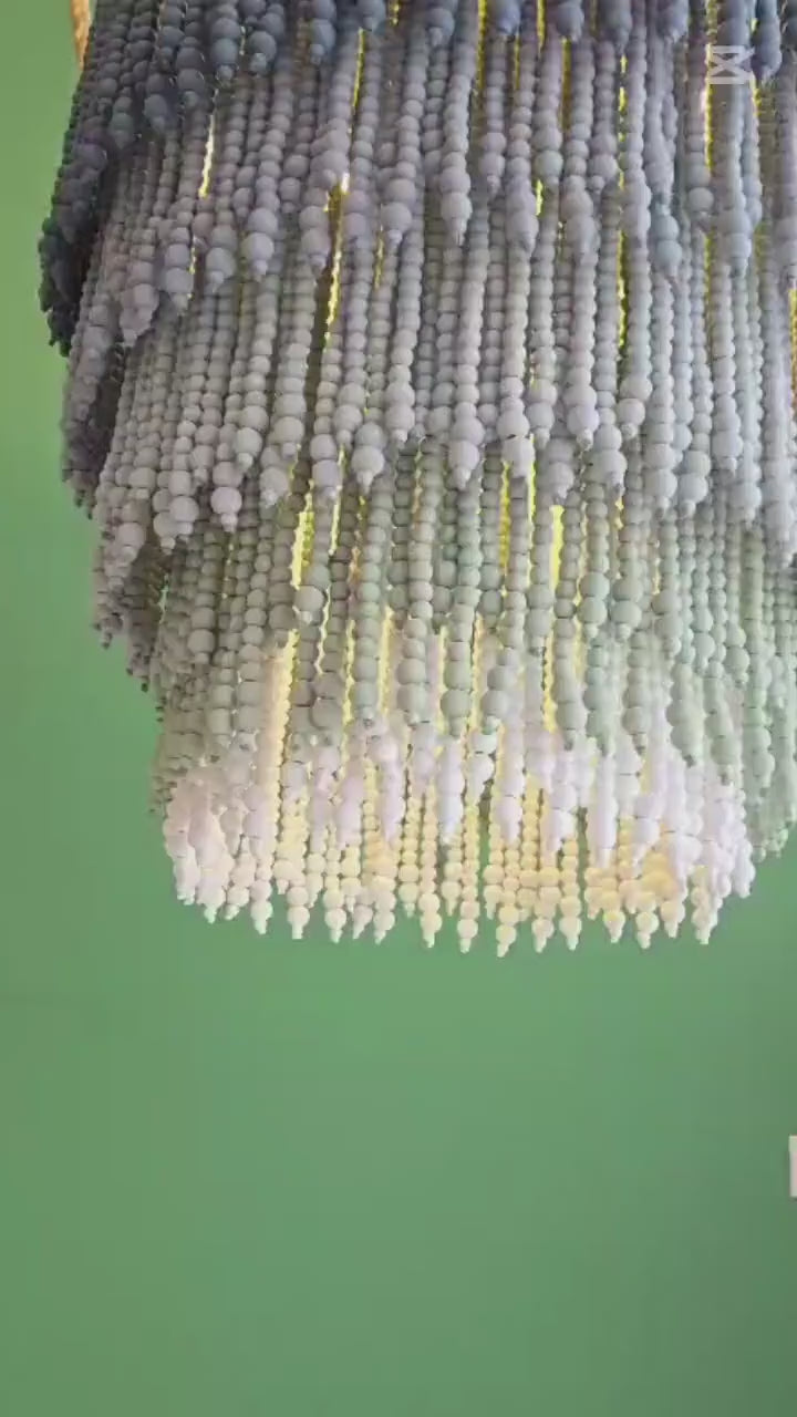 Grey Ombre Beaded Chandelier, Coastal Boho Pendant Light, Wooden Bead Lamp, Dining Room Light