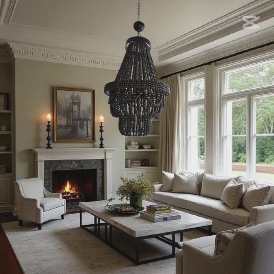 Black Wooden Beaded Chandelier, Rustic Pendant Light, Large Boho Ceiling Lamp, Dining Room Light